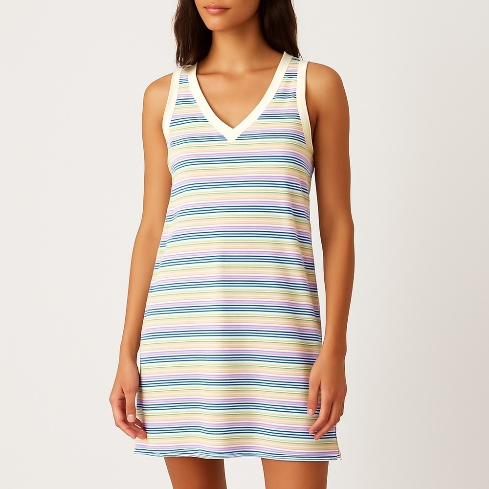 Pact organic cotton summer dress easy tank knit striped everyday style S